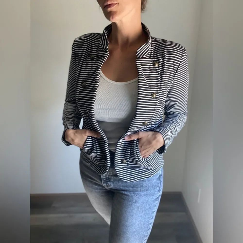 Tommy Hilfiger Stripe Puff Sleeve Jacket Large With Pockets Navy